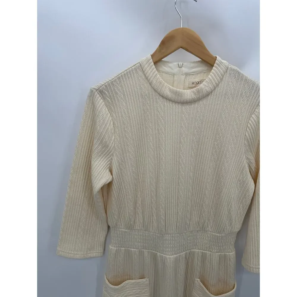 Roolee Dress Women MEDIUM Yellow Cream Knit Long Sleeve Patch Pocket Modest Midi